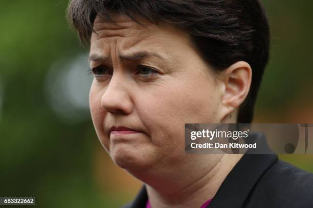 Scottish Conservative party leader Ruth Davidson speaks to members of the media on College Green in Westminster on May 15, 2017 in London, England....