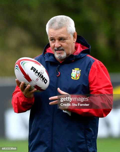 British & Irish Lions head coach Warren Gatland looks on as his train during a British and Irish Lions training session at Vale of Glamorgan on May...