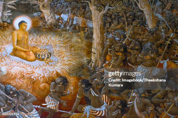 illustrazioni stock, clip art, cartoni animati e icone di tendenza di ancient painting showing the lord buddha's first visit to mahiyanganaya of sri lanka - 1946