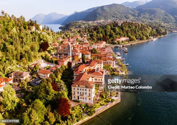 aerial view of bellagio town on lake como, italy - como italia stock pictures, royalty-free photos & images