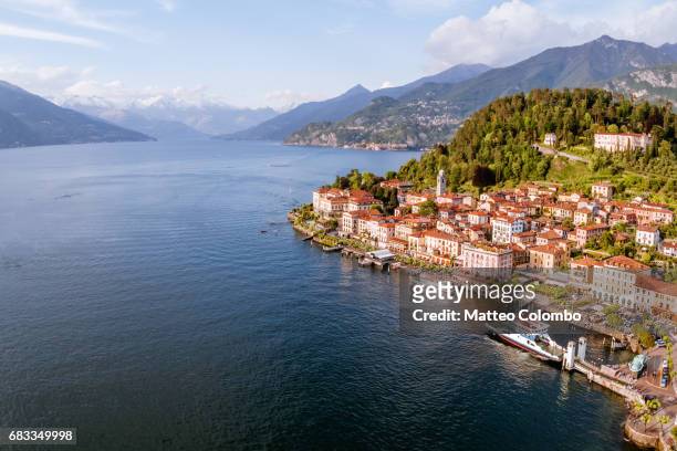 aerial view of bellagio town on lake como, italy - bellagio stockfoto's en -beelden