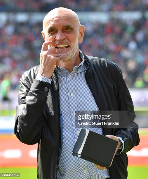 Martin Kind, president of Hannover looks on during the Second Bundesliga match between Hannover 96 and VfB Stuttgart at HDI-Arena on May 14, 2017 in...