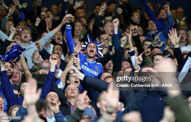 Chelsea fans celebrate during the Premier League match between West Bromwich Albion and Chelsea at The Hawthorns on May 12, 2017 in West Bromwich,...