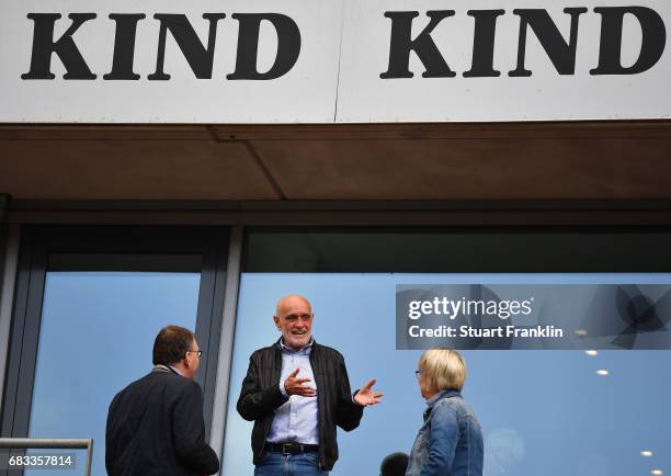 Martin Kind, president of Hannover talks with guests during the Second Bundesliga match between Hannover 96 and VfB Stuttgart at HDI-Arena on May 14,...