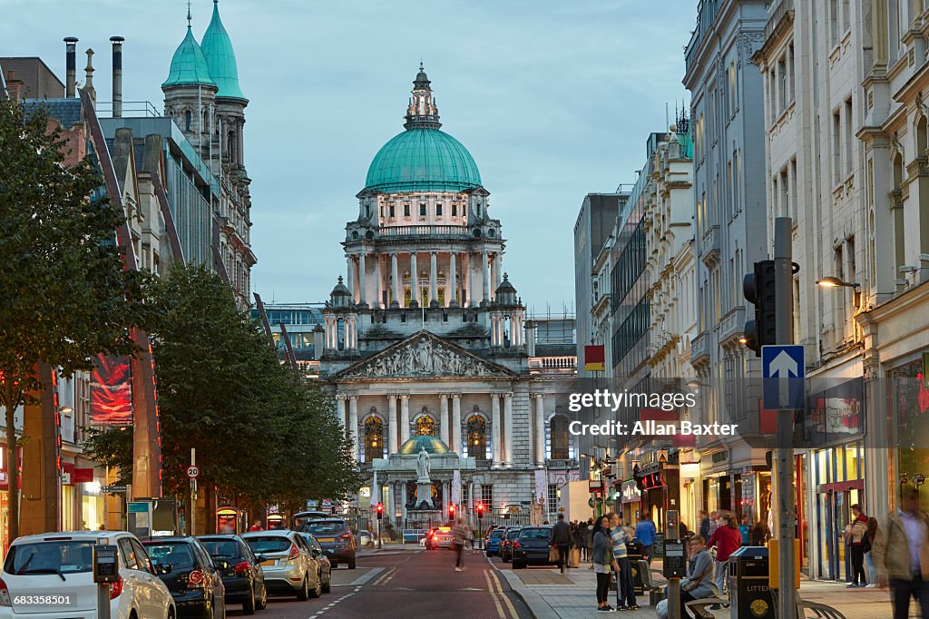 Facade of the Belfast City Hall at dusk