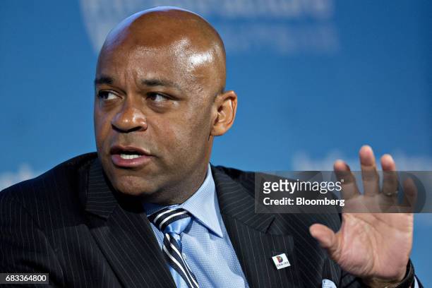 Michael Hancock, mayor of Denver, speaks during a panel discussion at the Infrastructure Week kickoff event at the U.S. Chamber of Commerce in...