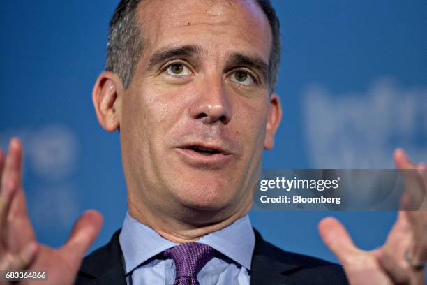 Eric Garcetti, mayor Los Angeles, speaks during a panel discussion at the Infrastructure Week kickoff event at the U.S. Chamber of Commerce in...