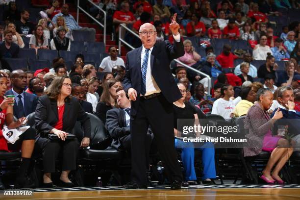 Mike Thibault of the Washington Mystics during the game against the San Antonio Stars on May 14, 2017 at Verizon Center in Washington, DC. NOTE TO...