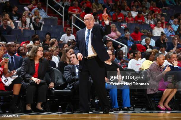 Mike Thibault of the Washington Mystics during the game against the San Antonio Stars on May 14, 2017 at Verizon Center in Washington, DC. NOTE TO...