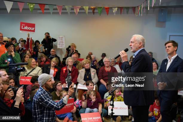 Leader of the Labour Party Jeremy Corbyn addresses a group in the first of two speeches to hundreds of people who attended an election rally on May...