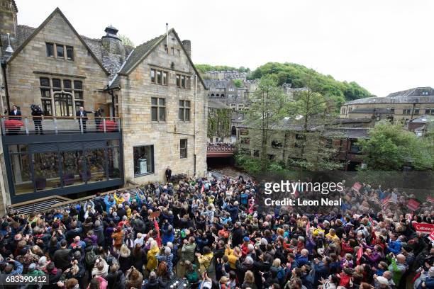 Leader of the Labour Party Jeremy Corbyn gestures to hundreds of supporters who attended an election rally on May 15, 2017 in Hebden Bridge, England....