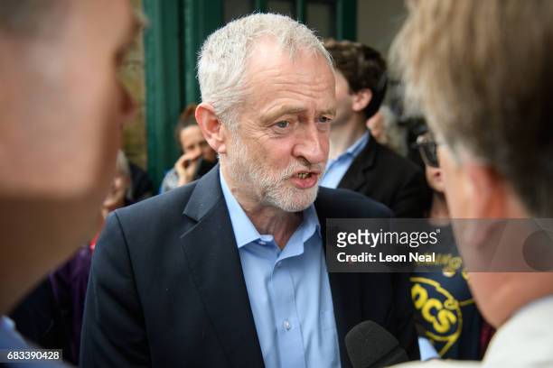 Leader of the Labour Party Jeremy Corbyn in interviewed as he arrives before speaking to hundreds of people who attended an election rally on May 15,...