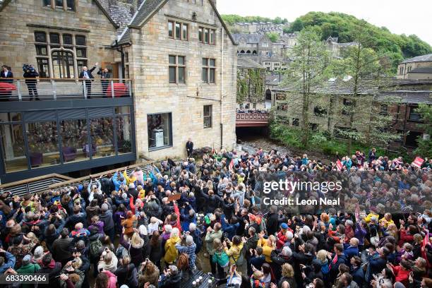 Leader of the Labour Party Jeremy Corbyn gestures to hundreds of supporters who attended an election rally on May 15, 2017 in Hebden Bridge, England....