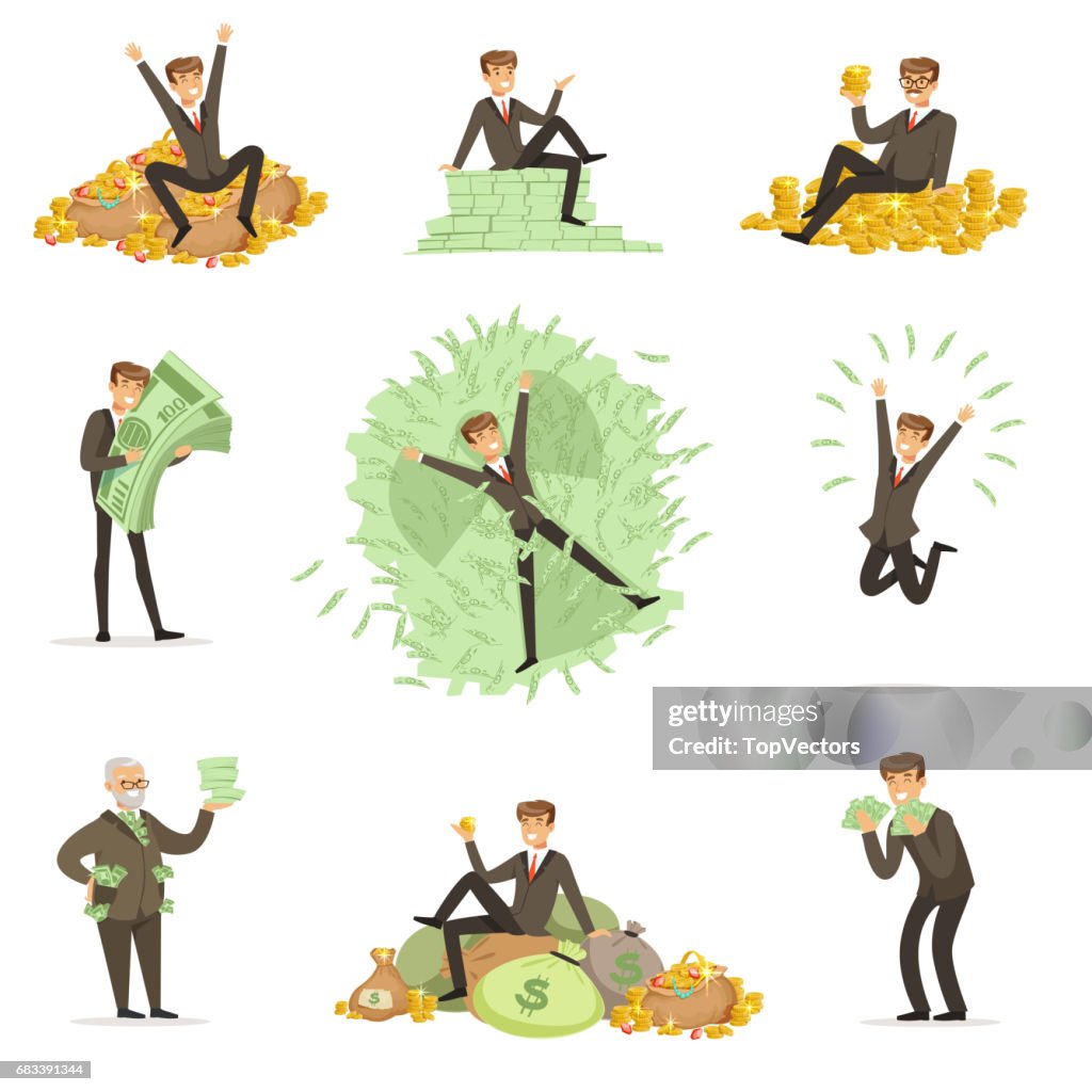 Very Rich Man Bathing In His Money Happy Millionaire Magnate Male Character  Series Of Illustrations High-Res Vector Graphic - Getty Images