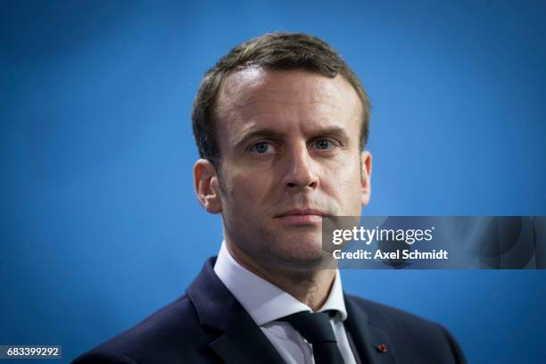 Newly-elected French President Emmanuel Macron attends a press conference at the Chancellery on May 15, 2017 in Berlin, Germany. Macron is visiting...