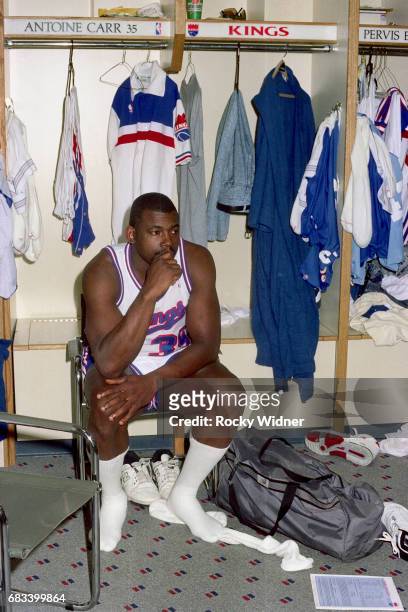 Antoine Carr of the Sacramento Kings looks on before the game circa 1990 at Arco Arena in Sacramento, California. NOTE TO USER: User expressly...