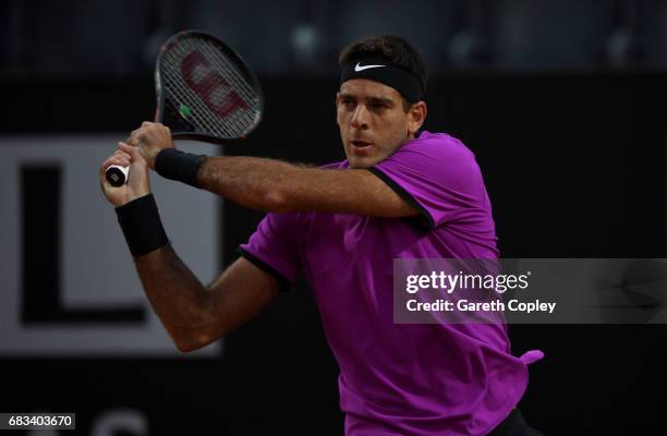 Juan Martin Del Potro of Argentina plays a shot during his first round match against Grigor Dimitrov of Bulgaria in The Internazionali BNL d'Italia...