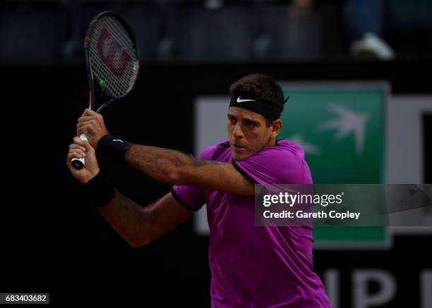 Juan Martin Del Potro of Argentina plays a shot during his first round match against Grigor Dimitrov of Bulgaria in The Internazionali BNL d'Italia...