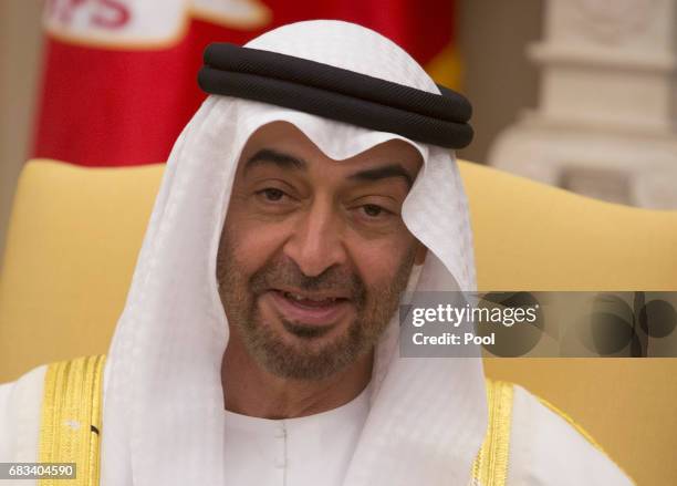 Crown Prince Shaikh Mohammad bin Zayed Al Nahyan of Abu Dhabi meets with U.S. President Donald Trump in the Oval Office of the White House on May 15,...