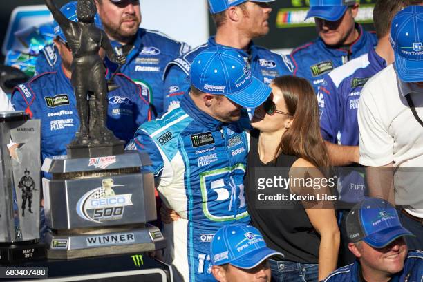 Ricky Stenhouse Jr. Victorious kissing girlfriend Danica Patrick after winning race at Talladega Superspeedway. Monster Energy NASCAR Cup Series....