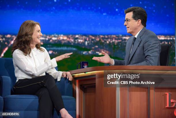 The Late Show with Stephen Colbert and guest Debra Winger during Thursday's May 4, 2017 show.