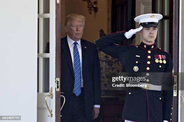 President Donald Trump, exits the West Wing of the White House to greet Mohammed Bin Zayed Al Nahyan, crown prince of Abu Dhabi, not pictured, in...