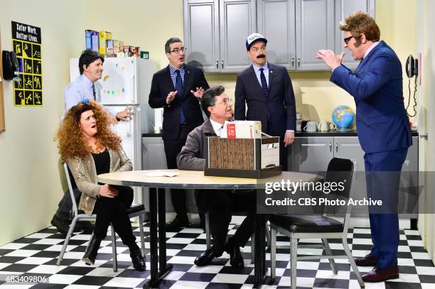 The Late Show with Stephen Colbert and guest Jon Stewart, Samantha Bee, John Oliver, Ed Helms and Rob Corddry during Tuesday's May 9, 2017 show.