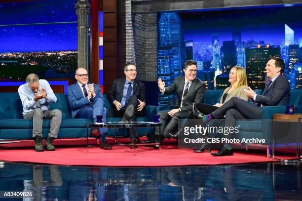 The Late Show with Stephen Colbert and guest Jon Stewart, Samantha Bee, John Oliver, Ed Helms and Rob Corddry during Tuesday's May 9, 2017 show.