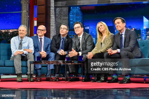 The Late Show with Stephen Colbert and guest Jon Stewart, Samantha Bee, John Oliver, Ed Helms and Rob Corddry during Tuesday's May 9, 2017 show.