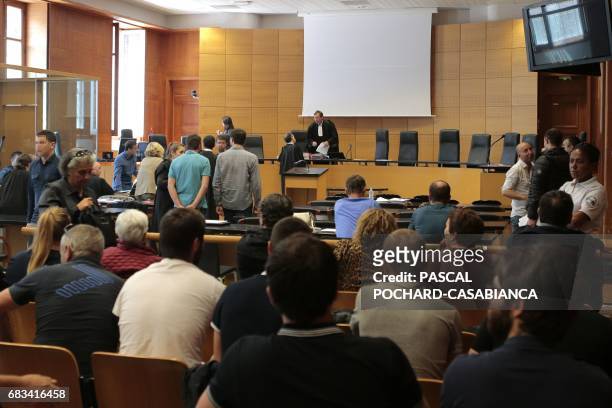 Picture shows a general view during the opening of the trial of 15 people after clashes broke out during the April 16 French L1 football between...