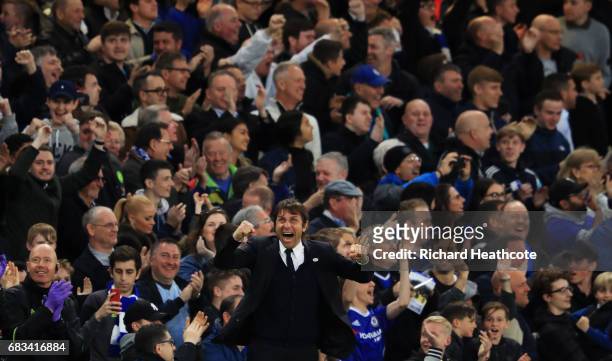 Antonio Conte, Manager of Chelsea celebrates his sides first goal during the Premier League match between Chelsea and Watford at Stamford Bridge on...