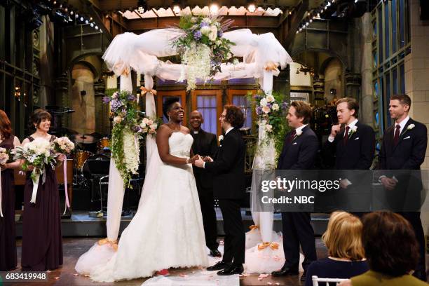 Melissa McCarthy" Episode 1724 -- Pictured: Melissa Villaseñor as a bridesmaid, Leslie Jones, Kyle Mooney, Alex Moffat and Mikey Day as groomsmen in...