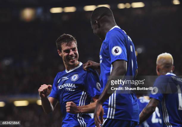 Cesar Azpilicueta of Chelsea celebrates scoring his sides second goal with Kurt Zouma of Chelsea during the Premier League match between Chelsea and...
