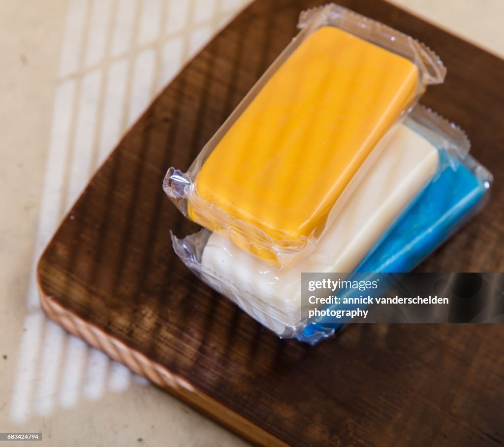 Yellow, white and blue marzipan.