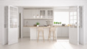 Blur background interior design, scandinavian minimalistic classic kitchen with wooden and white details