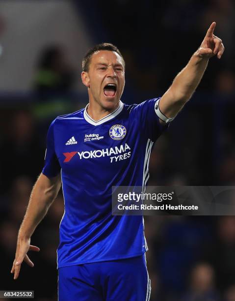 John Terry of Chelsea reacts during the Premier League match between Chelsea and Watford at Stamford Bridge on May 15, 2017 in London, England.