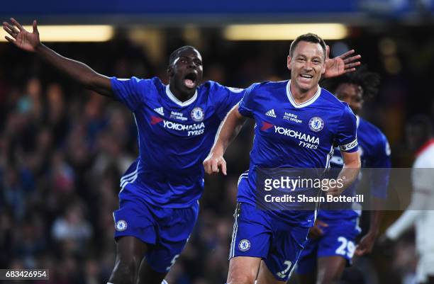 John Terry of Chelsea celebrates scoring his sides first goal during the Premier League match between Chelsea and Watford at Stamford Bridge on May...