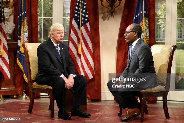 Melissa McCarthy" Episode 1724 -- Pictured: Alec Baldwin as President Donald Trump, Michael Che as Journalist Lester Holt during "Lester Holt Cold...
