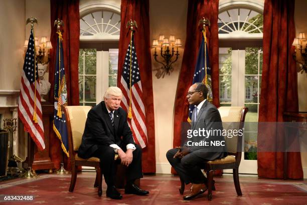 Melissa McCarthy" Episode 1724 -- Pictured: Alec Baldwin as President Donald Trump, Michael Che as Journalist Lester Holt during "Lester Holt Cold...
