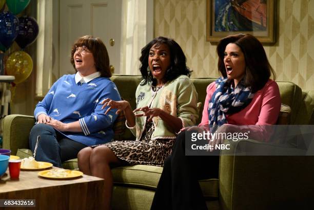 Melissa McCarthy" Episode 1724 -- Pictured: Melissa McCarthy, Sasheer Zamata, Cecily Strong during "First Birthday" in Studio 8H on May 13, 2017 --