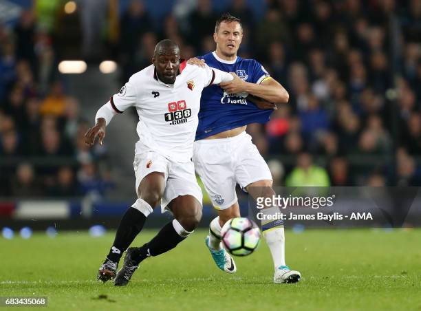 Stefano Okaka of Watford and Phil Jagielka of Everton during the Premier League match between Everton and Watford at Goodison Park on May 12, 2017 in...