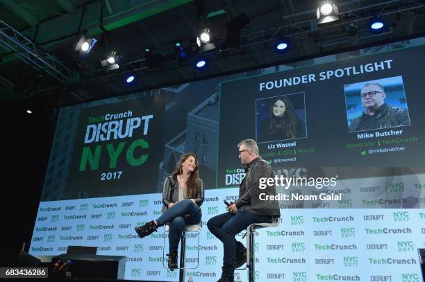 Co-Founder and CEO of WayUp Liz Wessel and TechCrunch editor-at-large Mike Butcher speak onstage during TechCrunch Disrupt NY 2017 at Pier 36 on May...