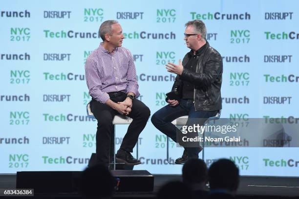 And Co-Founder of Lemonade Daniel Schreiber and TechCrunch editor-at-large Mike Butcher speak onstage during TechCrunch Disrupt NY 2017 at Pier 36 on...