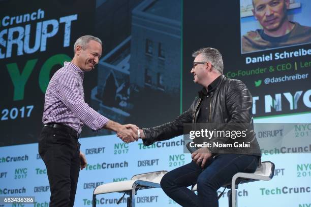 And Co-Founder of Lemonade Daniel Schreiber and TechCrunch editor-at-large Mike Butcher speak onstage during TechCrunch Disrupt NY 2017 at Pier 36 on...