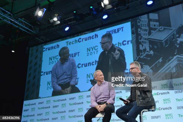 And Co-Founder of Lemonade Daniel Schreiber and TechCrunch editor-at-large Mike Butcher speak onstage during TechCrunch Disrupt NY 2017 at Pier 36 on...