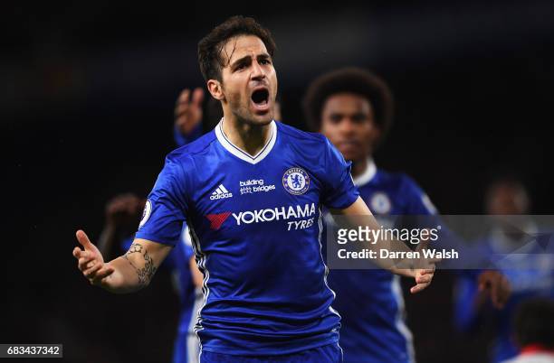 Cesc Fabregas of Chelsea celebrates scoring his sides fourth goal during the Premier League match between Chelsea and Watford at Stamford Bridge on...