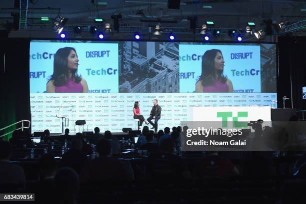 And Founder of Tala Shivani Siroya and TechCrunch editor-at-large Mike Butcher speak onstage during TechCrunch Disrupt NY 2017 at Pier 36 on May 15,...