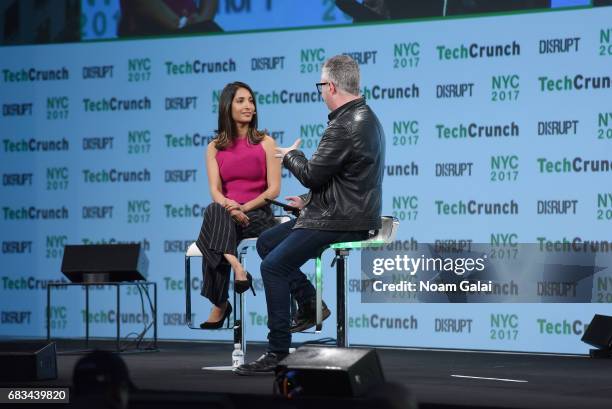 And Founder of Tala Shivani Siroya and TechCrunch editor-at-large Mike Butcher speak onstage during TechCrunch Disrupt NY 2017 at Pier 36 on May 15,...