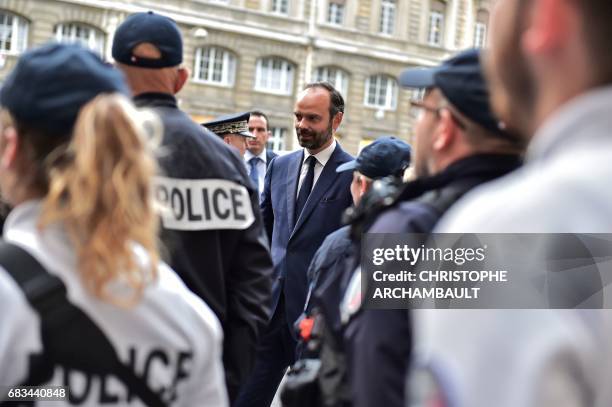 France's newly appointed Prime Minister Edouard Philippe is pictured during his first official visit at the Police Prefecture of Paris on May 15,...