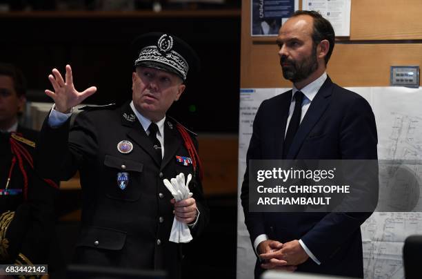 France's newly appointed Prime Minister Edouard Philippe is pictured during his first official visit to the Police Prefecture of Paris on May 15,...